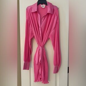 Pleated Pink Tie-Waist Dress Satin Effect